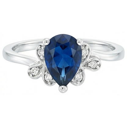Ceylon Sapphire Pear Cut And Natural Earth Mined Diamonds Anniversary Ring 2.30 Ct 14K