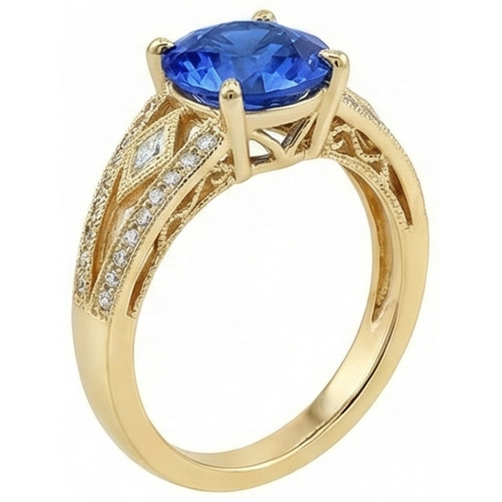 Ceylon Sapphire Round Natural Earth Mined Diamonds 3.76 Ct Ring Antique Style