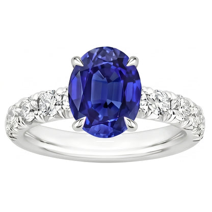 Ceylon Sapphire Solitaire With Round Natural Earth Mined Diamond Accents Ring 4.50 Carats