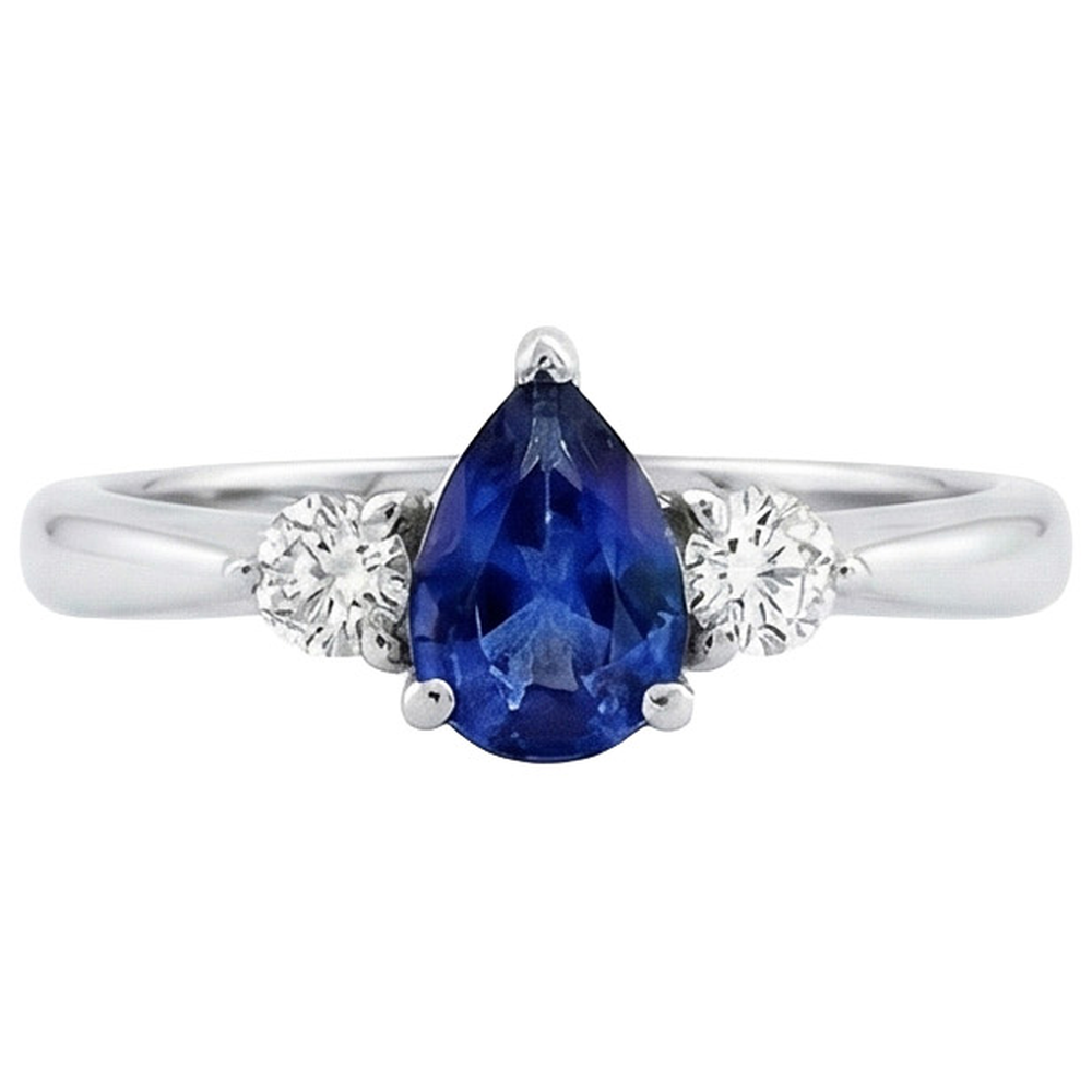 Ceylon Sapphire With Natural Earth Mined Diamonds 3 Stone Ring 1.50 Carats White Gold 14K