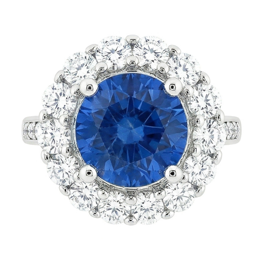 Ceylon Sapphire & Halo Natural Earth Mined Diamond Wedding Ring 3.50 Carats White Gold 14K