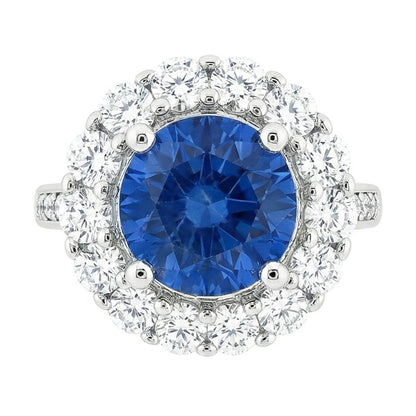 Ceylon Sapphire & Halo Natural Earth Mined Diamond Wedding Ring 3.50 Carats White Gold 14K