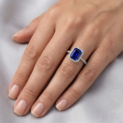Ceylon Blue Sapphire With Natural Earth Mined Diamonds Ring 3.50 Ct White Gold 14K