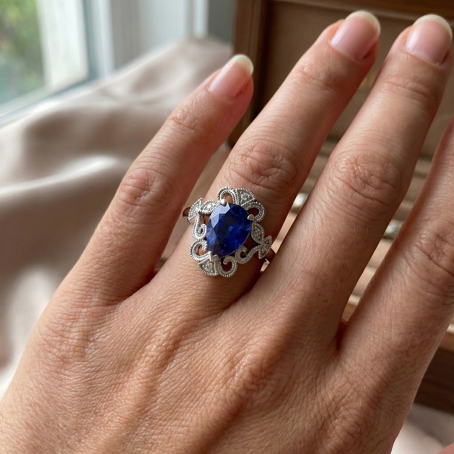 Natural Real ( Not Lab Grown )  Ceylon Pear Sapphire Ring 2.25 Carats Milgrain Shank Diamonds