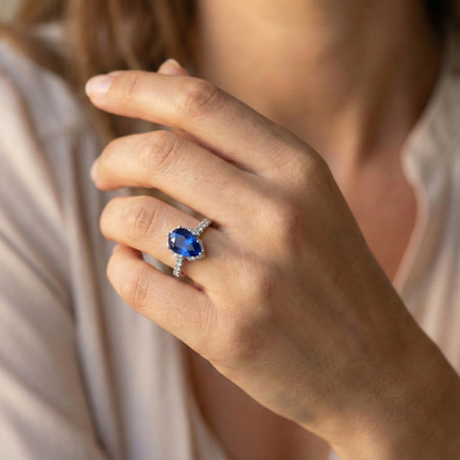 Ceylon Sapphire Halo Engagement Ring For Women & Natural Earth Mined Diamonds 4 Carats