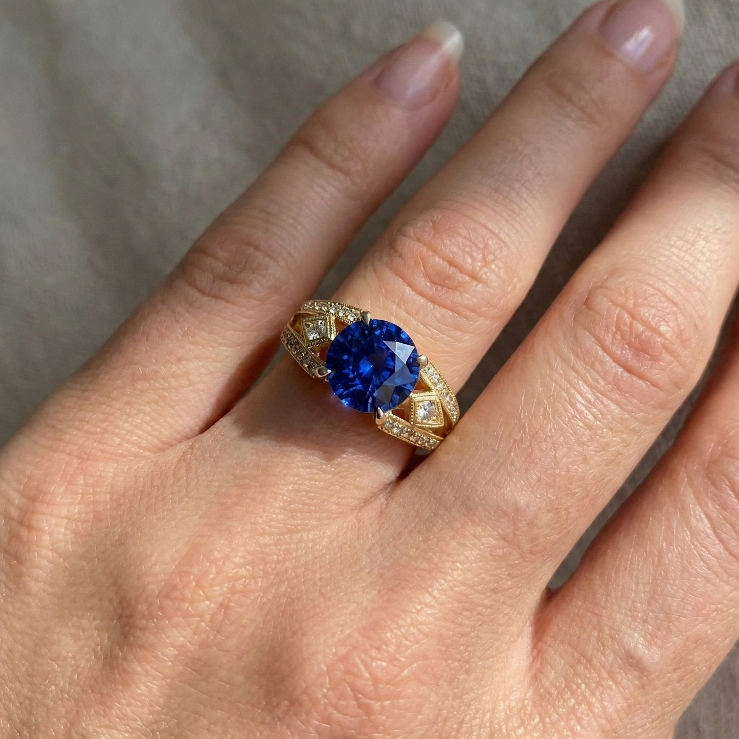 Ceylon Sapphire Round Natural Earth Mined Diamonds 3.76 Ct Ring Antique Style