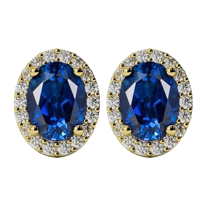 Ceylon Sapphire Halo Natural Earth Mined Diamond Stud Earring 4.80 Carat Yellow Gold 14K