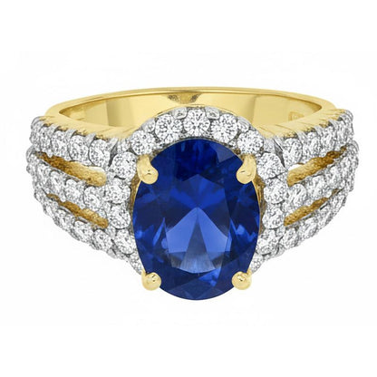 Ceylon Sapphire Oval And Round Natural Earth Mined Diamonds Ring Gold 14K 3.50 Carats