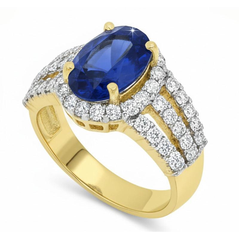 Ceylon Sapphire Oval And Round Natural Earth Mined Diamonds Ring Gold 14K 3.50 Carats