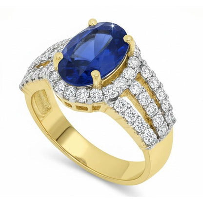 Ceylon Sapphire Oval And Round Natural Earth Mined Diamonds Ring Gold 14K 3.50 Carats