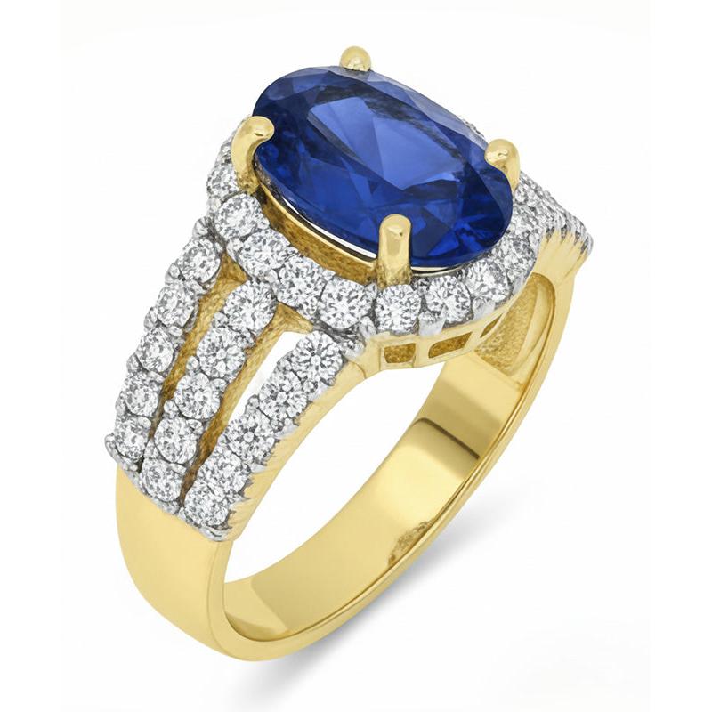 Ceylon Sapphire Oval And Round Natural Earth Mined Diamonds Ring Gold 14K 3.50 Carats
