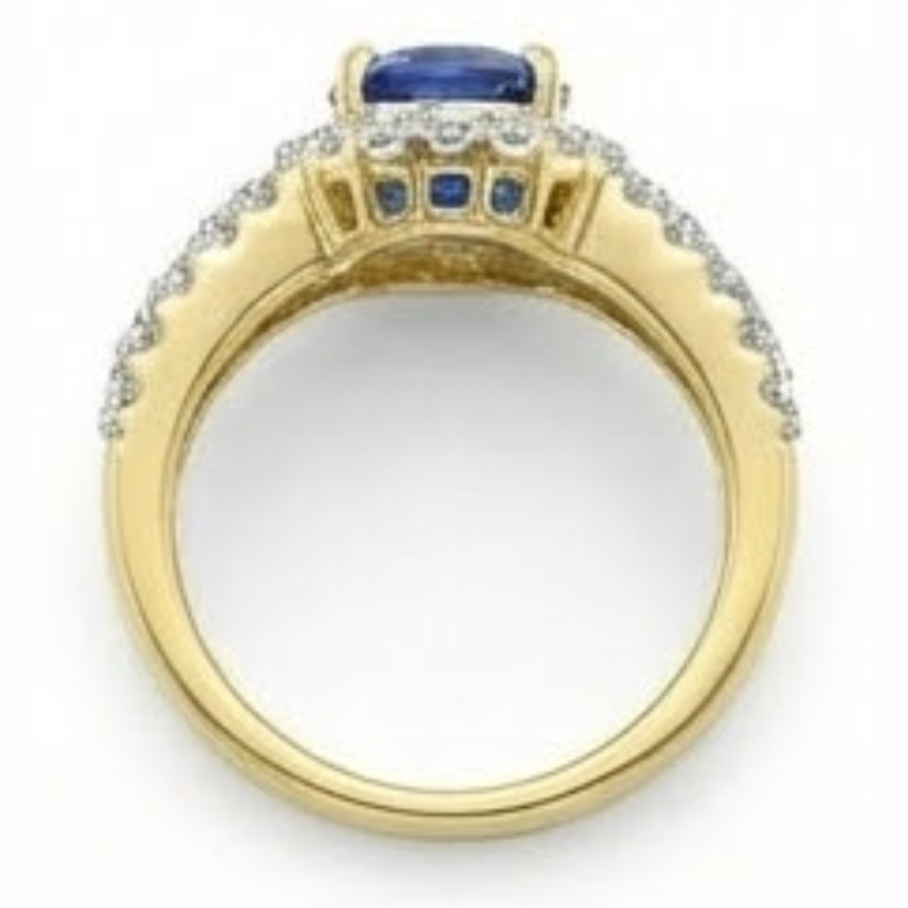 Ceylon Sapphire Oval And Round Natural Earth Mined Diamonds Ring Gold 14K 3.50 Carats