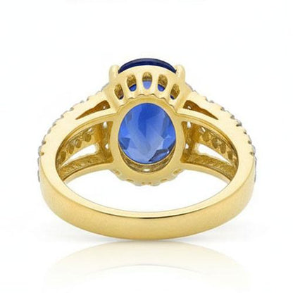 Ceylon Sapphire Oval And Round Natural Earth Mined Diamonds Ring Gold 14K 3.50 Carats