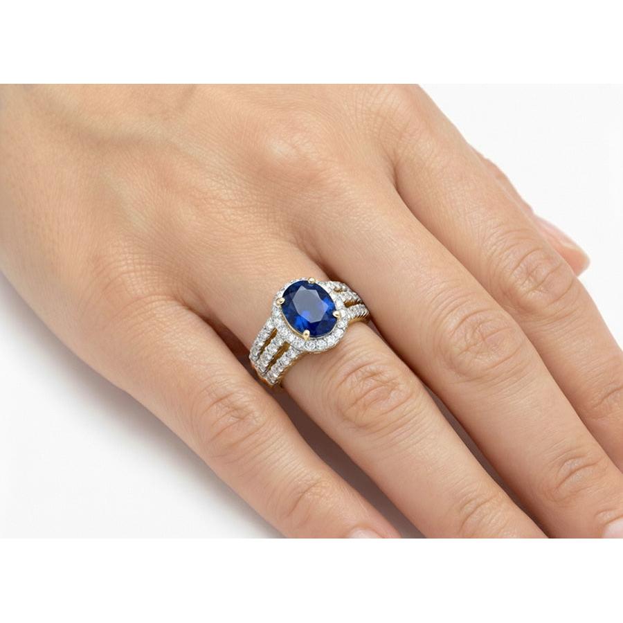 Ceylon Sapphire Oval And Round Natural Earth Mined Diamonds Ring Gold 14K 3.50 Carats