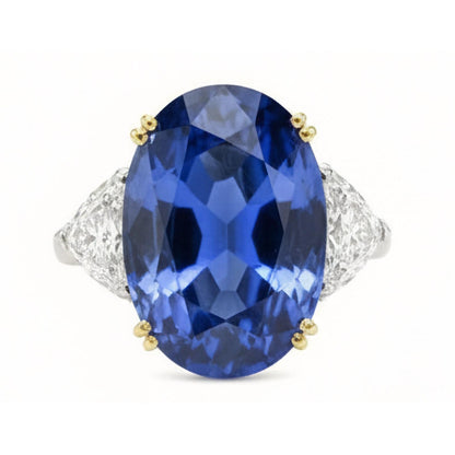 Ceylon Sapphire Oval And Trillion Natural Earth Mined Diamonds Ring 3-Stone