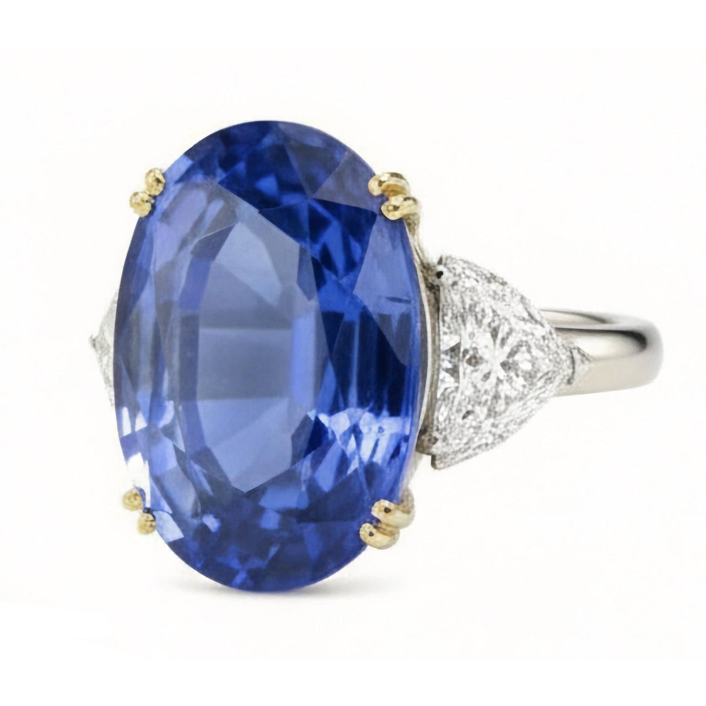 Ceylon Sapphire Oval And Trillion Natural Earth Mined Diamonds Ring 3-Stone