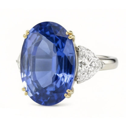 Ceylon Sapphire Oval And Trillion Natural Earth Mined Diamonds Ring 3-Stone