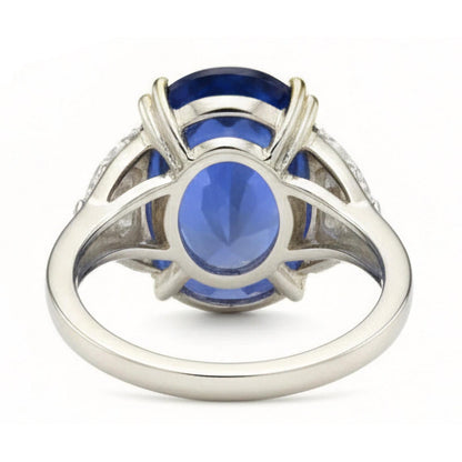 Ceylon Sapphire Oval And Trillion Natural Earth Mined Diamonds Ring 3-Stone