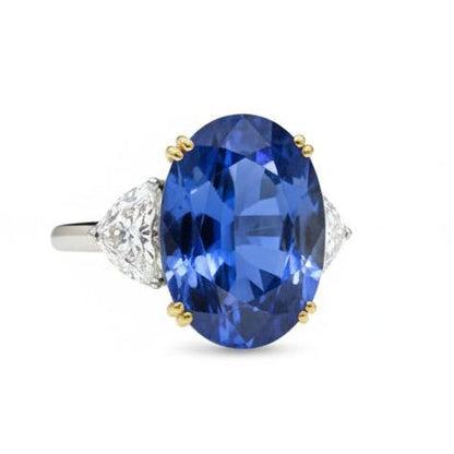 Ceylon Sapphire Oval And Trillion Natural Earth Mined Diamonds Ring 3-Stone