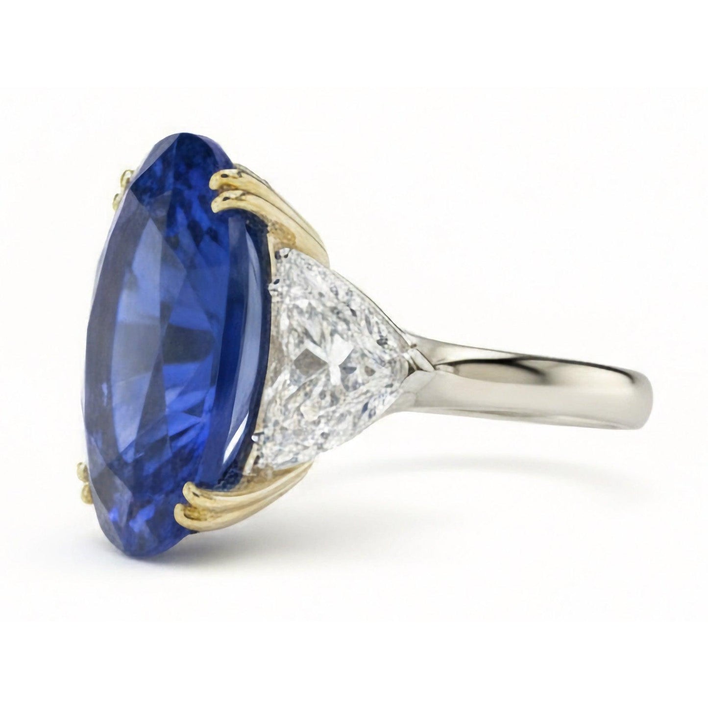 Ceylon Sapphire Oval And Trillion Natural Earth Mined Diamonds Ring 3-Stone