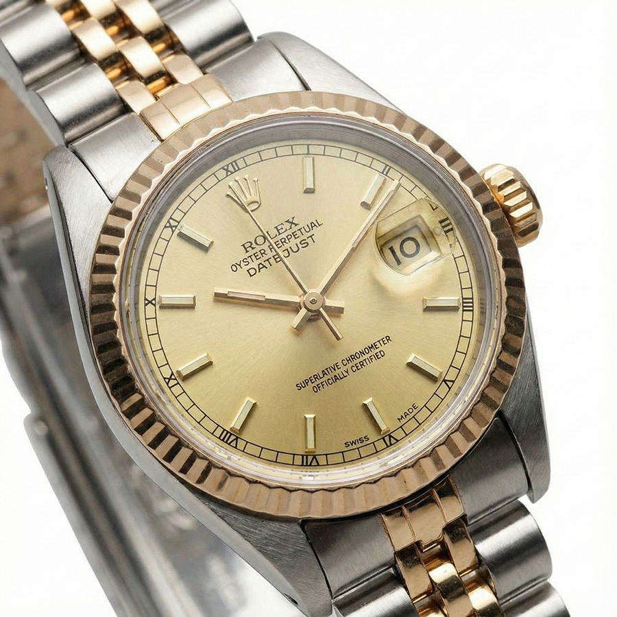 Champagne Stick Dial Rolex Date Just Ss & Yellow Women Watch