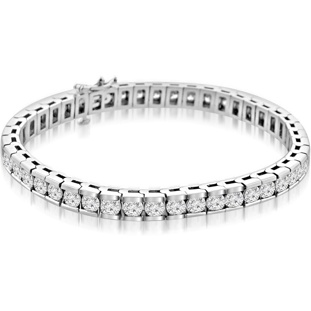 Channel Set Tennis Bracelet 9 Carats Round Cut Lab Grown Diamonds White Gold