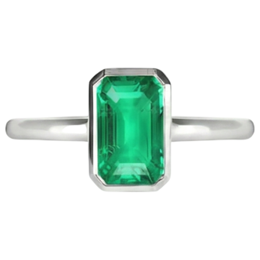 Natural Real ( Not Lab Grown ) Classic White Gold Green Emerald GIA Ring Bezel Set Solitaire