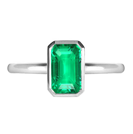 Classic White Gold Green Emerald Ring Bezel Set Solitaire