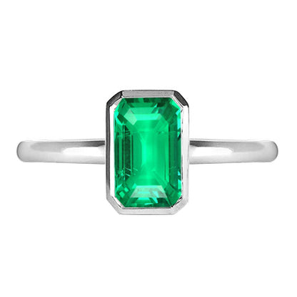Classic White Gold Green Emerald Ring Bezel Set Solitaire