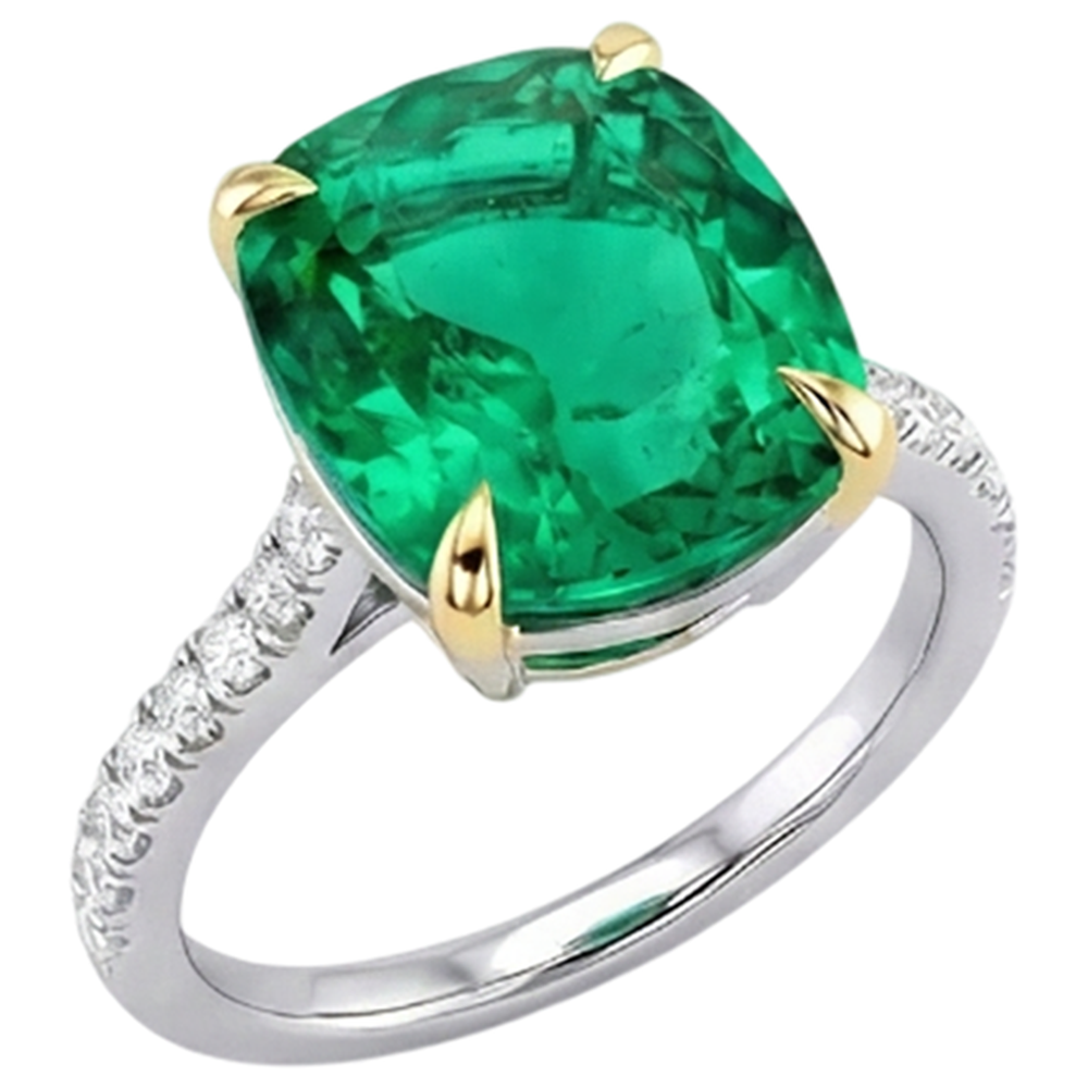 Natural Real ( Not Lab Grown ) Classy Cushion Green Emerald GIA And Diamond Engagement Ring
