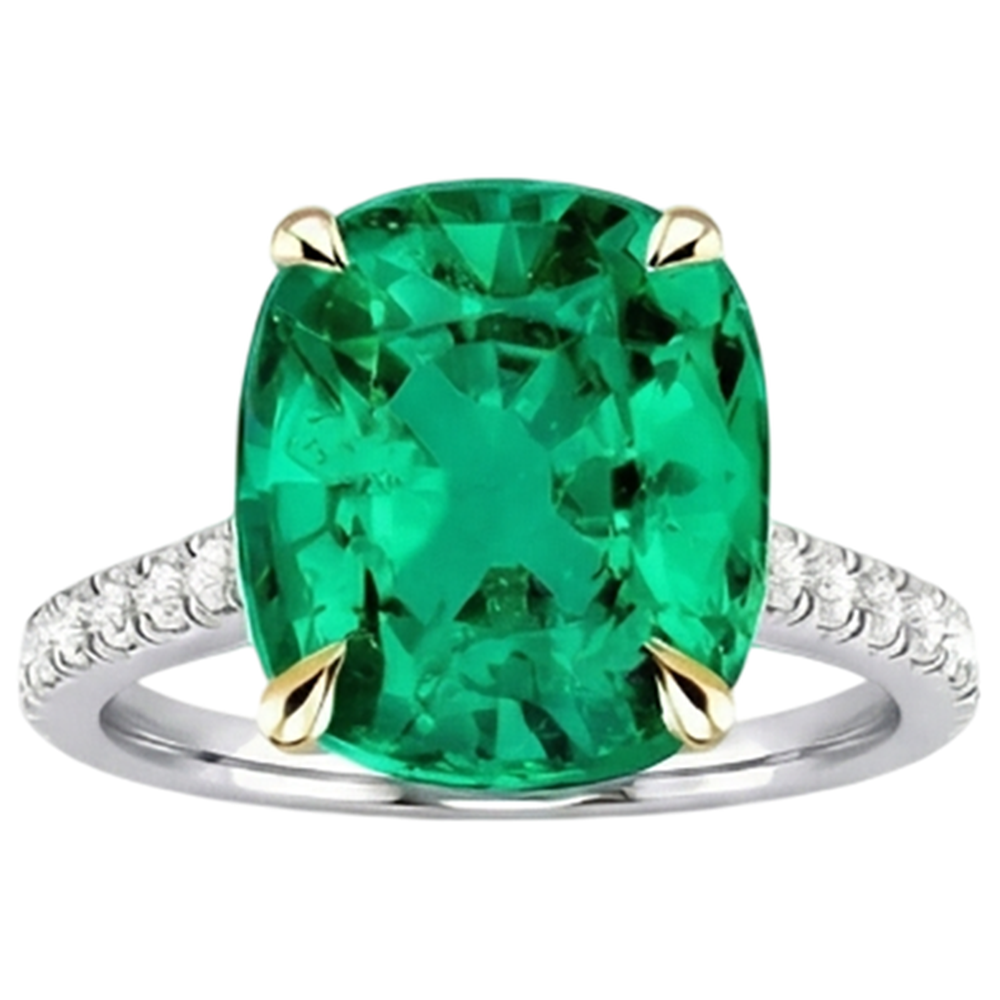 Natural Real ( Not Lab Grown ) Classy Cushion Green Emerald GIA And Diamond Engagement Ring