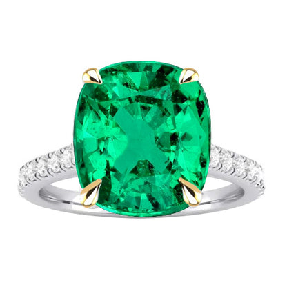 Classy Cushion Green Emerald And Diamond Engagement Ring