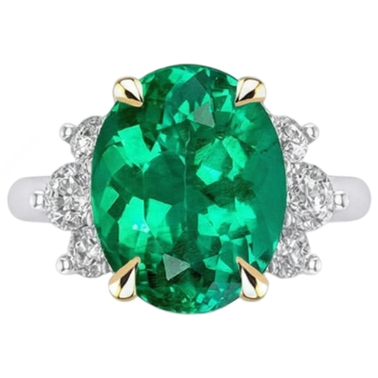 Natural Real ( Not Lab Grown ) Colombian Green Emerald GIA And Diamond Ring Oval Shape