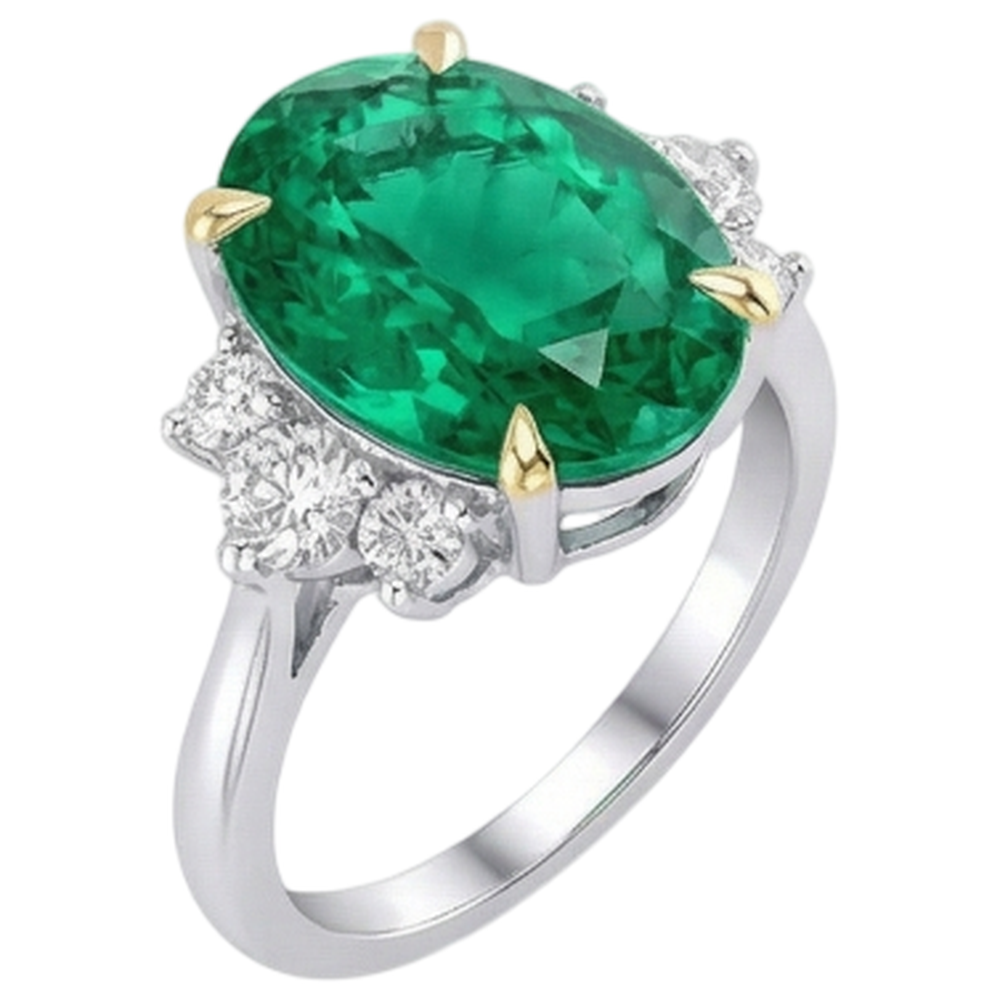 Natural Real ( Not Lab Grown ) Colombian Green Emerald GIA And Diamond Ring Oval Shape