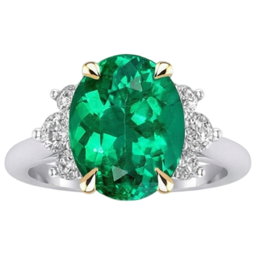 Natural Real ( Not Lab Grown ) Colombian Green Emerald GIA And Diamond Ring Oval Shape