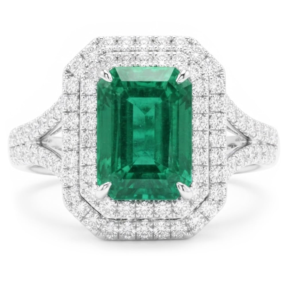 Colombian Green Emerald And Natural Earth Mined Diamonds 11.75 Carats Anniversary Ring White Gold 14K