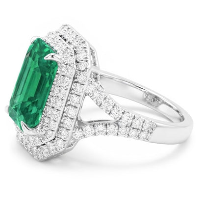 Colombian Green Emerald And Natural Earth Mined Diamonds 11.75 Carats Anniversary Ring White Gold 14K