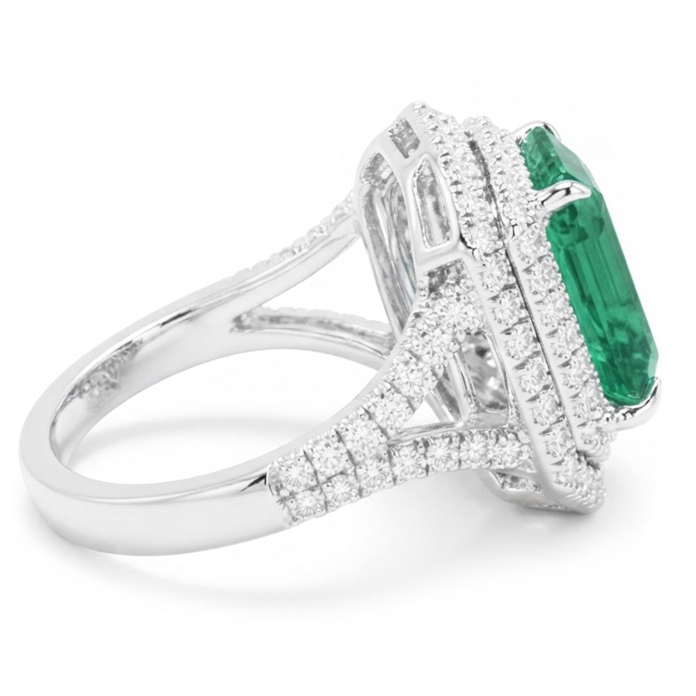 Colombian Green Emerald And Natural Earth Mined Diamonds 11.75 Carats Anniversary Ring White Gold 14K