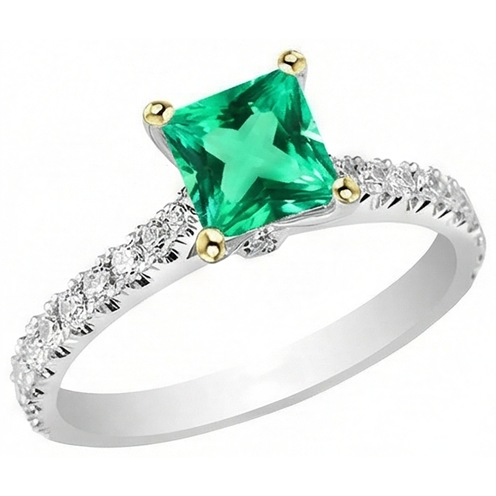 Natural Real ( Not Lab Grown ) Colombian Green Emerald GIA Ring Princess Cut Round Diamond