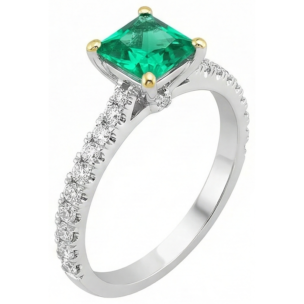 Natural Real ( Not Lab Grown ) Colombian Green Emerald GIA Ring Princess Cut Round Diamond