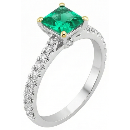 Natural Real ( Not Lab Grown ) Colombian Green Emerald GIA Ring Princess Cut Round Diamond