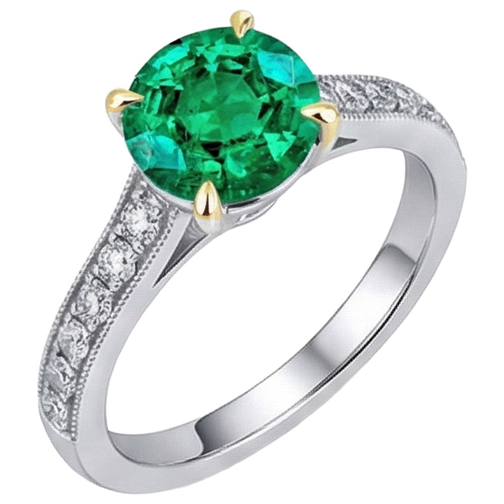Natural Real ( Not Lab Grown ) Colombian Green Emerald GIA Solitaire Ring With Accents