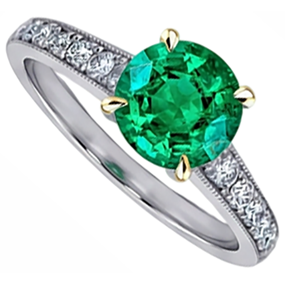 Natural Real ( Not Lab Grown ) Colombian Green Emerald GIA Solitaire Ring With Accents