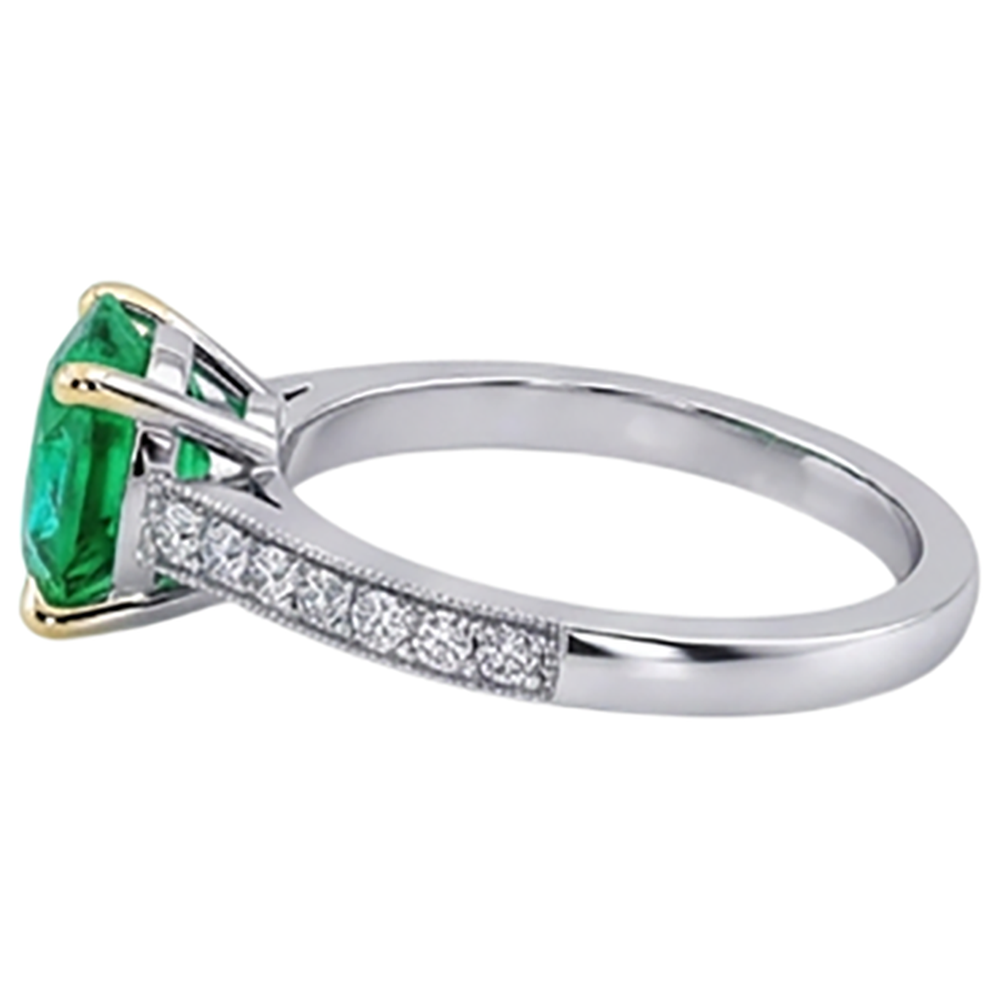 Natural Real ( Not Lab Grown ) Colombian Green Emerald GIA Solitaire Ring With Accents