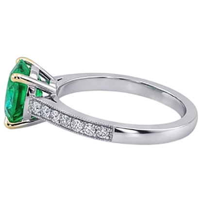 Natural Real ( Not Lab Grown ) Colombian Green Emerald GIA Solitaire Ring With Accents