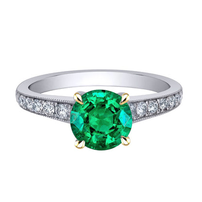 Colombian Green Emerald Solitaire Ring With Accents