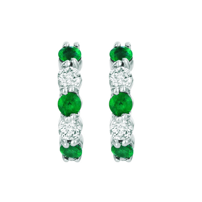 Colombian Green Emerald And Natural Earth Mined Diamond Hoop Earrings 1 Carat 14K White Gold