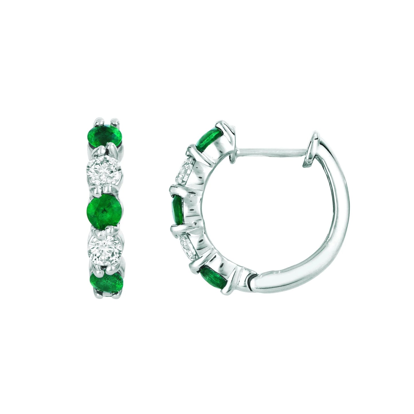 Colombian Green Emerald And Natural Earth Mined Diamond Hoop Earrings 1 Carat 14K White Gold