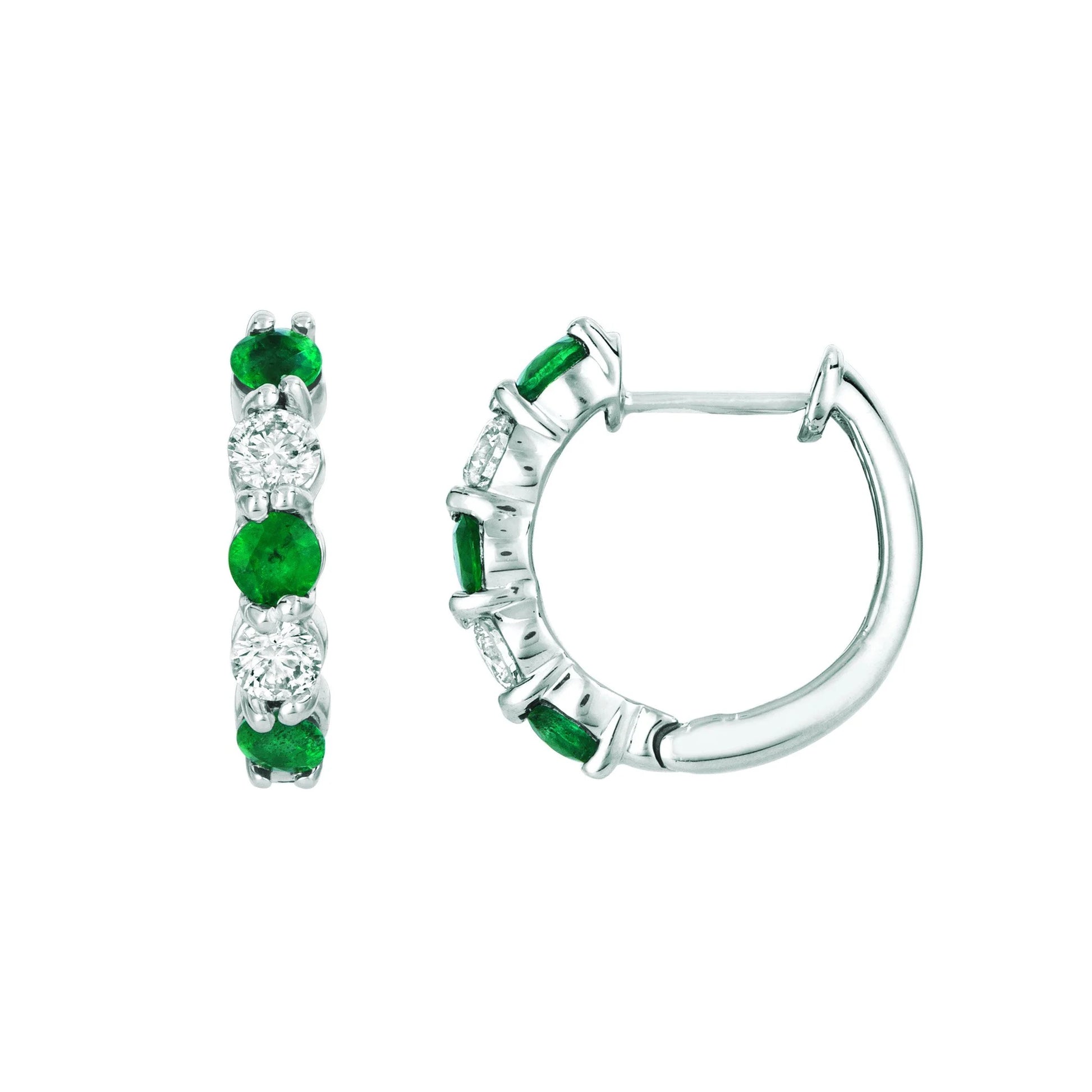 Colombian Green Emerald And Natural Earth Mined Diamond Hoop Earrings 1 Carat 14K White Gold