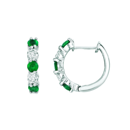 Colombian Green Emerald And Natural Earth Mined Diamond Hoop Earrings 1 Carat 14K White Gold